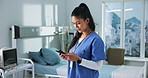 Clinic, nurse and woman with phone for healthcare research, typing email or check schedule. Worker, mobile and person in hospital for telehealth update, scroll history and medical evaluation with app