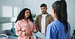 Hospital, couple and nurse with tablet, talk and consultation for reproductive health or healthcare. Fertility, clinic and medical professional with results on website, people and family planning