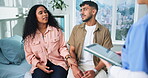 Hospital, couple and nurse with tablet, healthcare and consultation for reproductive health or talk. Fertility, clinic and medical professional with results on website, people and family planning