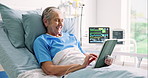 Tablet, relax and senior woman in clinic with reading blog on app for surgery recovery. Digital technology, rest and elderly female patient in retirement browsing on social media in hospital.