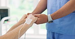 Holding hands, empathy and nurse with senior woman in hospital for checkup on surgery recovery. Professional, consultation and healthcare worker with elderly female patient for medical help in clinic