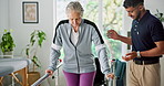 Physical therapy, man and old woman with recovery, talking and healthcare with support. Pensioner, mature patient and physiotherapist with help, healing and person with disability and rehabilitation