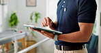Physiotherapist, online and hands with tablet, clinic and research for treatment plan on web or app. Hospital, medical professional and person with tech for physical therapy, scroll and typing info