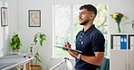 Thinking, physiotherapist and man with tablet, clinic and research for treatment plan on web or app. Hospital, medical professional and person with tech for physical therapy, online and reflection