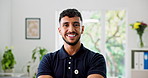 Happy, crossed arms and face of physiotherapist in clinic with confidence for medical career. Smile, professional and portrait of male physical therapist with pride for healthcare job in Mexico.