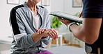 Physiotherapy, tablet and old woman with wrist pain for consulting, wellness and medical service. Healthcare, tech and physical therapist with mature patient for diagnosis, arthritis and tendinitis