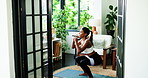 Fitness, squat and woman in home for exercise, wellness or training with resistance band. Health, living room and female person with workout for core strength, leg muscles or toning glutes in house.