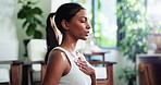 Woman, breathing and yoga for fitness in home with mindfulness, spiritual healing and zen. Female person, meditation and yogi with holistic balance, inner peace and mental health for self care goals