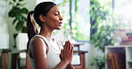 Woman, meditation and yoga for fitness in home with mindfulness, spiritual healing and zen. Female person, namaste pose and yogi with holistic balance, inner peace and breathing for self care goals