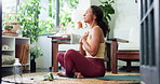 Breathing, calm and woman in home in morning for relax, lotus pose or yoga exercise for balance. Wellness, healing and person with chakra alignment for spiritual meditation in living room at house.