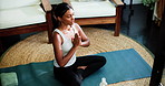 Above, woman and meditation for yoga at house with mindfulness, spiritual healing and zen. Person, namaste hands and lotus pose with holistic balance, inner peace and technique for self care wellness
