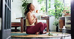 Mature woman, breathing and yoga in home with mindfulness, spiritual healing and zen. Female person, meditation and yogi fitness with holistic balance, inner peace and mental health for self care