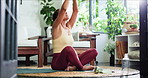 Woman, stretching and yoga for meditation at house with mindfulness, spiritual healing and zen. Mature person, lotus posture and yogi for holistic balance, inner peace and mental health for self care