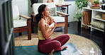 Exercise, holistic health and stretching with woman in home living room for start of yoga routine. Fitness, flexibility and meditation with mature person getting ready for balance, inner peace or zen