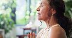 Mature woman, meditation and yoga at house with mindfulness, spiritual healing and zen. Female person, namaste pose and yogi fitness for holistic balance, inner peace and technique of self care goals