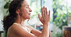 Woman, meditation and yoga for fitness at house with mindfulness, spiritual healing and zen. Mature person, namaste pose and yogi with holistic balance, inner peace and technique for self care goals