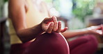 Hands, lotus pose and woman in home in morning for relax, calm or yoga exercise for balance. Wellness, healing and female person with chakra alignment for spiritual meditation in living room at house