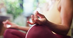 Hands, lotus pose and woman in house in morning for relax, calm or yoga exercise for balance. Wellness, healing and female person with chakra alignment for spiritual meditation in living room at home
