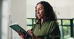 Creative, woman and reading with tablet in office for research, proofreading and update draft. Mature person, digital and editor feedback on article, story submission and information for publication