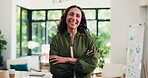 Arms crossed, face and smile of designer woman in office for management of company or planning. About us, confidence and creative with happy mature employee in design workplace for job satisfaction