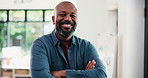 Face, entrepreneur or black man with arms crossed in startup, confident or opportunity for business growth. Portrait, laughing or mature person with pride for company development, happy or manager