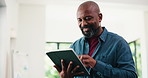 Creative, black man and smile with tablet in office for research, proofreading and update draft. Mature person, digital and editor feedback on article, story submission and information on publication