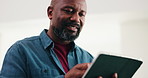 Below, creative and black man reading with tablet for research, proofreading and update draft. Mature person, digital and thinking for editor feedback, story submission and information on publication