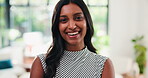 Marketing, face or Indian woman in office with laugh, pride or profession in advertising industry. Confidence, portrait or brand director in agency with happiness, work or experience as media planner