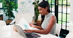 Startup, report or woman typing on laptop for accounting, reading graph or update digital record. Data analysis, financial database or accountant with pc to monitor performance, check or review stats
