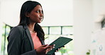 Tablet, vision and business woman in office for research, financial idea or review portfolio. Advisor, technology and Indian person thinking with email, investment report or decision for schedule