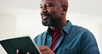 Tablet, vision and black man in office for business, problem solving or low angle of journalist. Smile, technology or mature editor in chief with research for planning, typing or think of news report