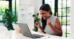 Startup, excited or woman with laptop for celebration, reading sales report or business growth for smile. Check financial database, profit or happy accountant with performance review, success or pc