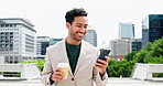 Reading, message and businessman with smartphone, city and chat for real estate updates and walking. Outdoor, realtor and person with mobile for email, coffee and networking with contact for schedule