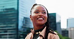 Thinking, business woman and vision in city for building viewing, investment opportunity or planning. Black person, real estate agent and insight of urban location, property evaluation and interest