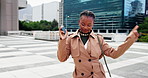 Travel, businesswoman and dancing with smartphone, city and journalist with good news or achievement. Outdoor, reporter and black person with mobile for article and celebration for positive reviews