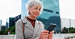 Businesswoman, smile and scroll in city with phone for social media, text message and company email. Mature person, outdoor and browsing with tech in urban town for online chat, mobile app and news.