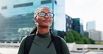 Thinking, student and woman with glasses, city or happy for opportunity with scholarship and future. Outdoor, reflection and black person with financial aid for university, knowledge and education
