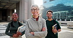 Crossed arms, happy and face of business people in city with confidence for internship with manager. Smile, leadership and portrait of accounting trainees with supervisor for pride in urban town.