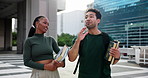 Happy people, student and talking with books in city for education, learning journey or travel. Man, woman or academic learners with textbooks or smile for friendly study vibe or growth in urban town