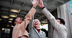 Excited, high five and group with smile, success and realtor with tablet for good news and teamwork. Happy, people and colleagues with gesture for achievement, real estate and sale on website or app