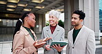 City, business people and tablet for pitch, conversation and corporate connection. Financial research, urban town and happy group on digital tech for social networking, morning meeting and website