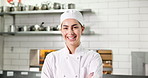 Face, chef and happy woman in kitchen for gastronomy, catering and confident in restaurant. Portrait, smile or culinary artist with pride in small business, professional cook or hospitality in France