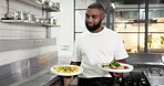 Happy, chef and food plate with serving in restaurant for lunch order, cuisine service and catering. Hospitality industry, black man and walking with healthy meals in kitchen for fine dining and cook
