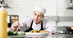 Cooking, chef and woman in kitchen, catering and ingredients with technique for dish. Person, employee and professional in restaurant, healthy meal and food with hospitality, recipe or small business