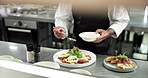 Hands, person and cooking food in restaurant kitchen for meal preparation, sauce technique and plating. Chef, culinary and presentation of cuisine, garnish flavor and liquid oil for dish aesthetic 