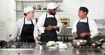 Cooking, mentor or people in restaurant with training, culinary knowledge or instruction in meal preparation. Hospitality, group or chef with lesson, cuisine process or dish guidance in kitchen