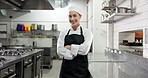 Face, chef and happy woman with arms crossed in kitchen for catering, gastronomy or pride. Portrait, smile and culinary artist with confidence in restaurant, professional cook or hospitality in Italy