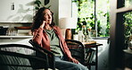 Thinking, happy and mature woman in home, remember fond memory and morning daydreaming for amusement. Internal thoughts, reflection and person relax on chair for ideas, perspective and nostalgia