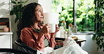 Aroma, break and coffee with woman in living room of home for contemplation or reflection. Relax, scent and thinking with mature person drinking beverage in apartment for inspiration or nostalgia