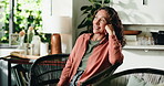 Thinking, happy and mature woman in house, remember fond memory or morning daydreaming for amusement. Internal thoughts, reflection and person relax on chair for ideas, perspective or nostalgia smile